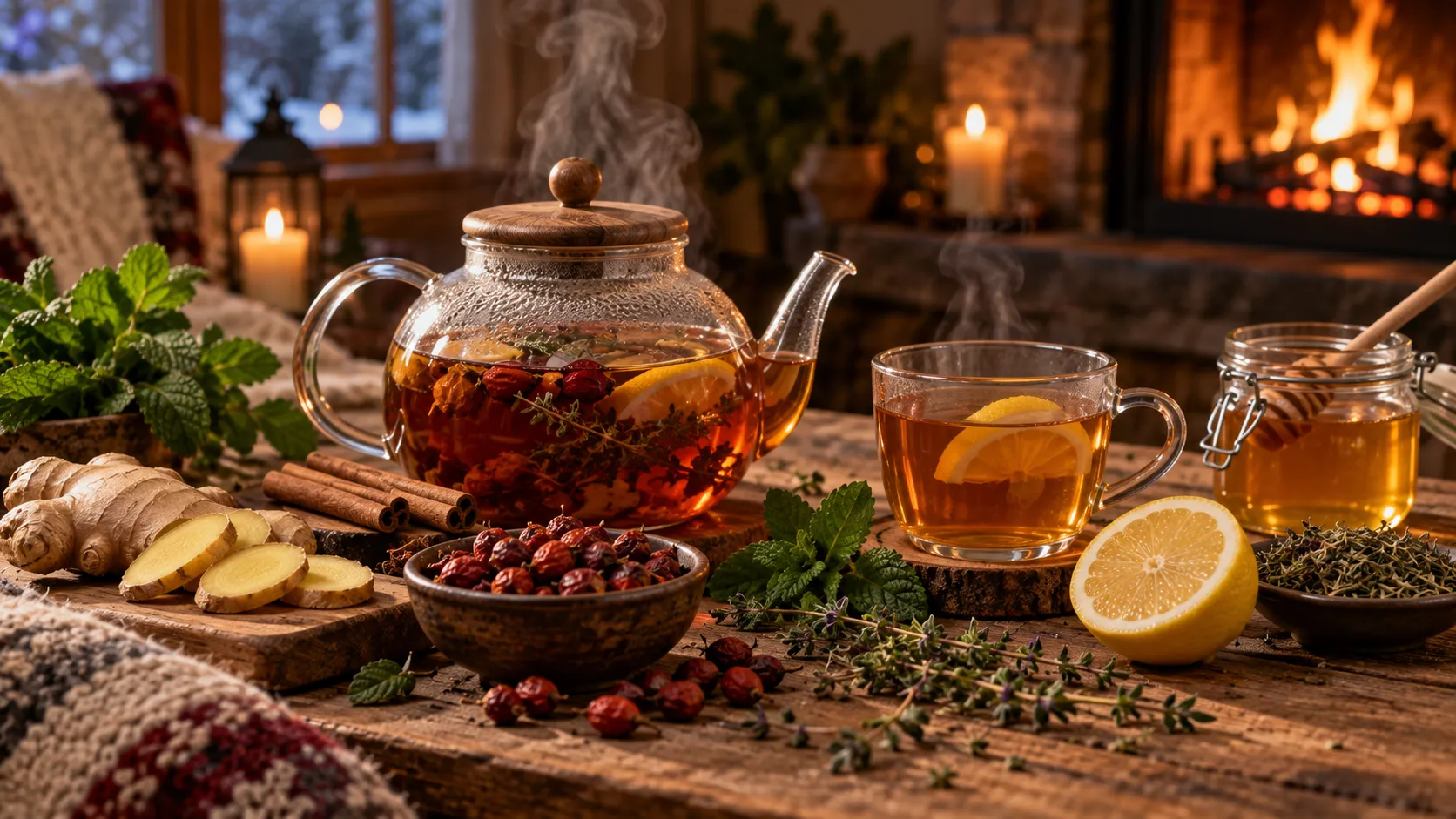 Qış bitki çayı — zəncəfil itburnu bal limon nanə kəklikotu immunitet soyuqdəymə
