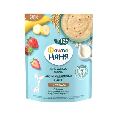 Fruto Nyana banan, qarğıdalı lopaları,çiyələk dilimləri ilə çoxdənli südlü sıyıq 200 qr - FRISO