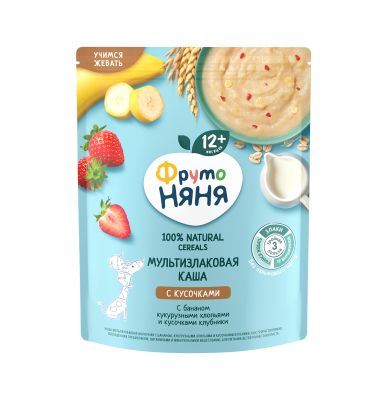 Fruto Nyana banan, qarğıdalı lopaları,çiyələk dilimləri ilə çoxdənli südlü sıyıq 200 qr - FRISO