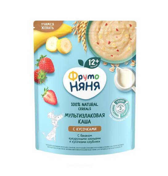 Fruto Nyana banan, qarğıdalı lopaları,çiyələk dilimləri ilə çoxdənli südlü sıyıq 200 qr - 1