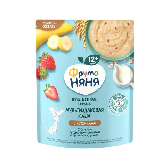 Fruto Nyana banan, qarğıdalı lopaları,çiyələk dilimləri ilə çoxdənli südlü sıyıq 200 qr - 1